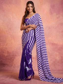 Nyri - Stripes Printed Purple Linen Cotton Pre Draped Saree