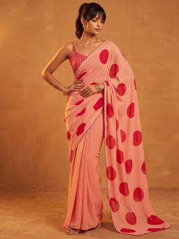 Nyri - Printed Peach Georgette Pre Draped Saree