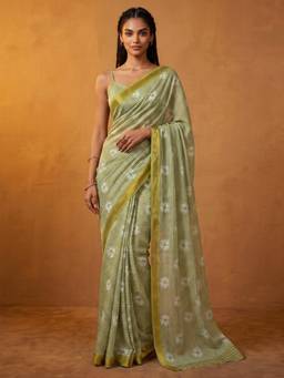 Nyri - Printed Mehandi Green Silk Pre Draped Saree