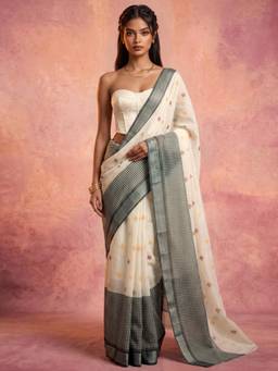 Nyri - Printed Off White Linen Pre Draped Saree