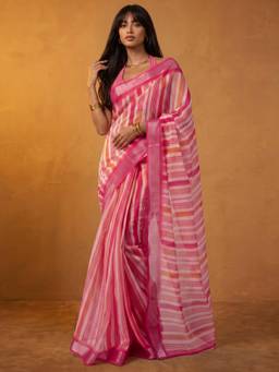 Nyri - Printed Light Pink Linen Pre Draped Saree