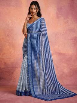 Nyri - Stripes Printed White Linen Pre Draped Saree
