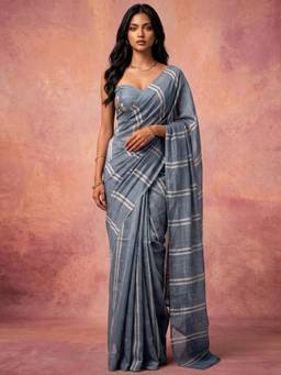 Nyri - Stripes Printed Grey Linen Pre Draped Saree