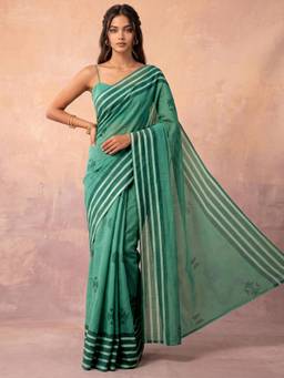Nyri - Printed Dusty Mint Green Linen Pre Draped Saree
