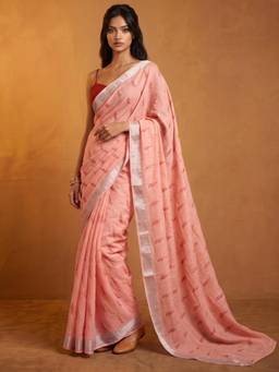 Nyri - Printed Rose Pink Cotton Pre Draped Saree