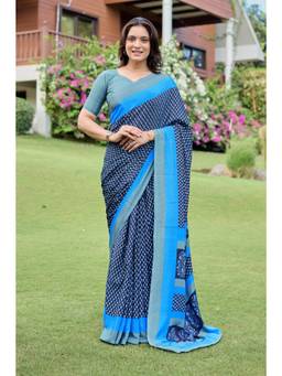 Nyri - Womens Blue Daily Wear Printed Crepe Saree