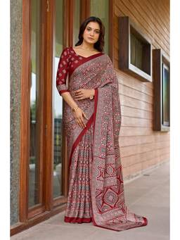 Nyri - Womens Red Daily Wear Printed Crepe Saree