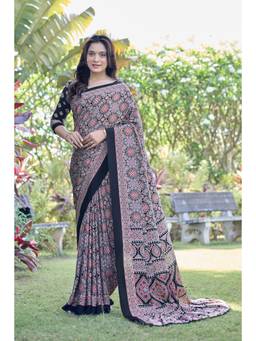 Nyri - Womens Black Daily Wear Printed Crepe Saree