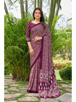 Nyri - Womens Wine Daily Wear Printed Crepe Saree