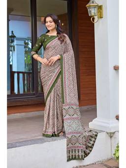 Nyri - Womens Olive Daily Wear Printed Crepe Saree