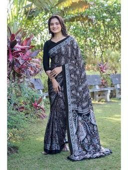 Nyri - Womens Black Daily Wear Printed Crepe Saree