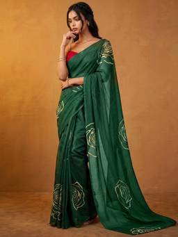 Nyri - Printed Dark Green Chanderi Cotton Pre Draped Saree