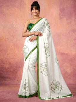 Nyri - Printed White Chanderi Cotton Pre Draped Saree