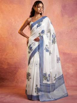 Nyri - Printed White Chanderi Cotton Pre Draped Saree