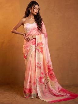 Nyri - Printed Pink Linen Pre Draped Saree