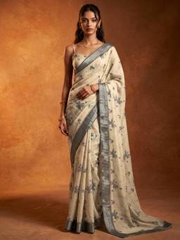 Nyri - Printed Dark Beige Linen Pre Draped Saree