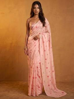 Nyri - Printed Light Peach Chanderi Cotton Pre Draped Saree