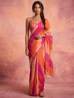 Nyri - Printed Pink Chanderi Cotton Pre Draped Saree