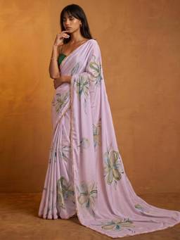 Nyri - Printed Purple Chinnon Chiffon Saree