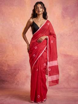 Nyri - Printed Red Chanderi Cotton Pre Draped Saree