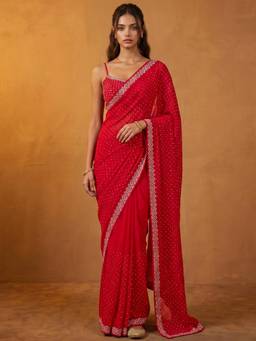 Nyri - Stone Work Red Shimmer Chiffon Saree