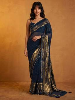 Nyri - Woven Foil Printed Navy Blue Georgette Saree