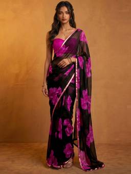 Nyri - Floral Printed Black Chiffon Saree