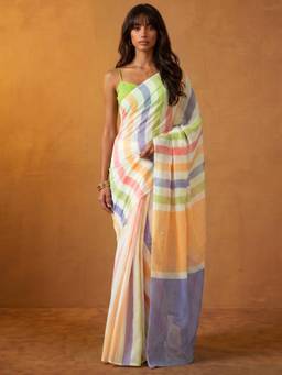 Nyri - Stripes Printed Multi Color Linen Saree