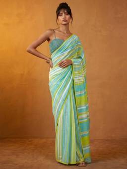 Nyri - Printed Teal Chanderi Cotton Pre Draped Saree