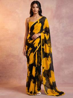 Nyri - Printed Black Chiffon Saree