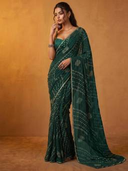 Nyri - Bandhani Printed Bottle Green Weightless Georgette Saree
