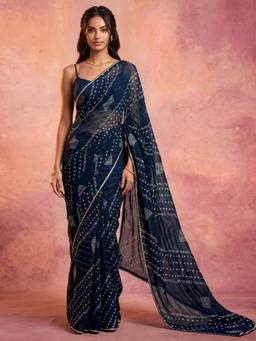 Nyri - Bandhani Printed Navy Blue Weightless Georgette Saree