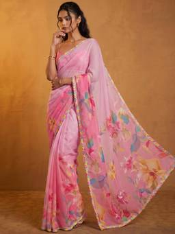 Nyri - Printed Pink Georgette Saree