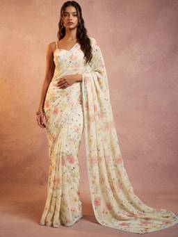 Nyri - Floral Printed Off White Georgette Saree
