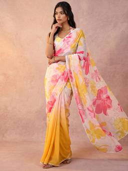 Nyri - Floral Printed Yellow Georgette Saree