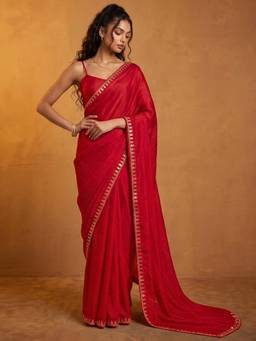 Nyri - Sequins Embroidery Lace Red Shimmer Chiffon Saree