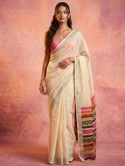 Nyri - Printed Cream Linen Pre Draped Saree