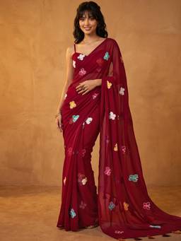 Nyri - Embroidery Maroon Georgette Saree