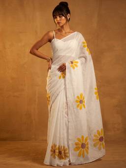 Nyri - Printed White Linen Saree