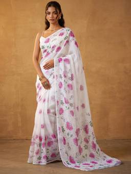Nyri - Floral Printed White Linen Saree