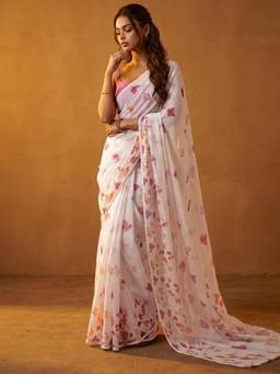 Nyri - Printed White Linen Saree