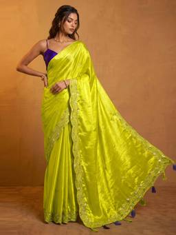 Nyri - Sequins Embroidery Lime Yellow Chinnon Chiffon Saree