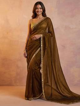 Nyri - Mirror Work Coffee Brown Net Saree