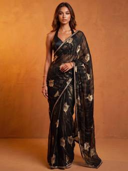 Nyri - Foil Printed Black Georgette Saree