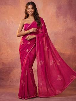 Nyri - Foil Printed Dark Rani Pink Georgette Saree