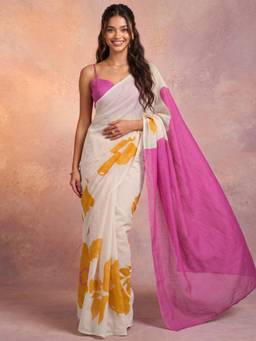 Nyri - Printed Off White Linen Saree