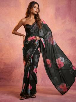 Nyri - Printed Black Georgette Saree