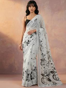 Nyri - Printed Off White Linen Saree