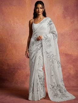 Nyri - Printed White Linen Saree