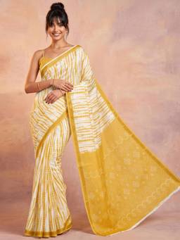 Nyri - Mustard Tie & Dye Printed White Silk Saree